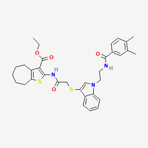 molecular formula C33H37N3O4S2 B3011121 ethyl 2-{2-[(1-{2-[(3,4-dimethylphenyl)formamido]ethyl}-1H-indol-3-yl)sulfanyl]acetamido}-4H,5H,6H,7H,8H-cyclohepta[b]thiophene-3-carboxylate CAS No. 532975-12-5