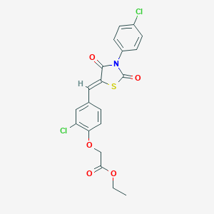 molecular formula C20H15Cl2NO5S B301125 Ethyl (2-chloro-4-{[3-(4-chlorophenyl)-2,4-dioxo-1,3-thiazolidin-5-ylidene]methyl}phenoxy)acetate 