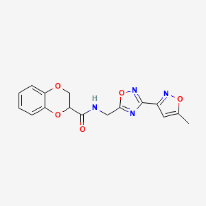 molecular formula C16H14N4O5 B3011276 N-((3-(5-methylisoxazol-3-yl)-1,2,4-oxadiazol-5-yl)methyl)-2,3-dihydrobenzo[b][1,4]dioxine-2-carboxamide CAS No. 2034420-21-6