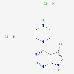 molecular formula C10H14Cl3N5 B3011337 5-Chloro-4-piperazin-1-yl-7H-pyrrolo[2,3-d]pyrimidine;dihydrochloride CAS No. 1808104-23-5