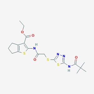 molecular formula C19H24N4O4S3 B3011346 ethyl 2-(2-((5-pivalamido-1,3,4-thiadiazol-2-yl)thio)acetamido)-5,6-dihydro-4H-cyclopenta[b]thiophene-3-carboxylate CAS No. 477579-45-6