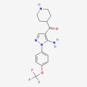 molecular formula C16H17F3N4O2 B3011424 [5-氨基-1-[4-(三氟甲氧基)苯基]吡唑-4-基]-哌啶-4-基甲酮 CAS No. 1381459-14-8