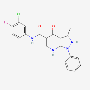 molecular formula C20H14ClFN4O2 B3011433 N-(3-氯-4-氟苯基)-3-甲基-4-氧代-1-苯基-3,3a,5,6,7,7a-六氢-2H-吡唑并[3,4-b]吡啶-5-甲酰胺 CAS No. 941890-81-9