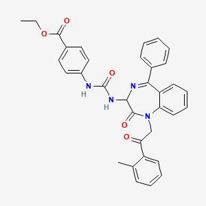 molecular formula C34H30N4O5 B3011477 ethyl 4-((N-(2,5-diaza-2-(2-(2-methylphenyl)-2-oxoethyl)-3-oxo-6-phenylbicyclo[5.4.0]undeca-1(7),5,8,10-tetraen-4-yl)carbamoyl)amino)benzoate CAS No. 1796904-68-1
