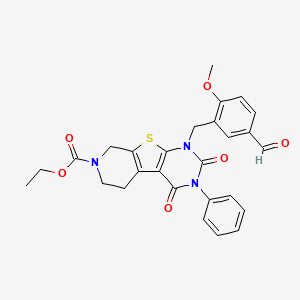 molecular formula C27H25N3O6S B3011665 ethyl 6-[(5-formyl-2-methoxyphenyl)methyl]-3,5-dioxo-4-phenyl-8-thia-4,6,11-triazatricyclo[7.4.0.02,7]trideca-1(9),2(7)-diene-11-carboxylate CAS No. 866015-10-3