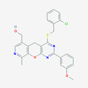 molecular formula C26H22ClN3O3S B3011671 (7-{[(2-Chlorophenyl)methyl]sulfanyl}-5-(3-methoxyphenyl)-14-methyl-2-oxa-4,6,13-triazatricyclo[8.4.0.0^{3,8}]tetradeca-1(10),3(8),4,6,11,13-hexaen-11-yl)methanol CAS No. 892418-52-9