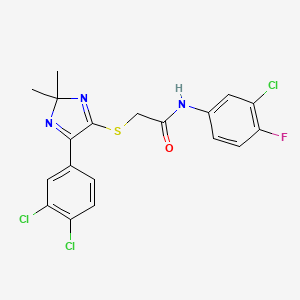 molecular formula C19H15Cl3FN3OS B3011688 N-(3-chloro-4-fluorophenyl)-2-((5-(3,4-dichlorophenyl)-2,2-dimethyl-2H-imidazol-4-yl)thio)acetamide CAS No. 899932-81-1