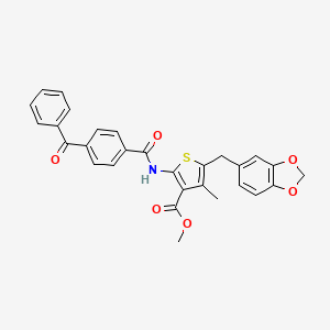 molecular formula C29H23NO6S B3012099 Methyl 5-(1,3-benzodioxol-5-ylmethyl)-2-[(4-benzoylbenzoyl)amino]-4-methylthiophene-3-carboxylate CAS No. 476366-49-1