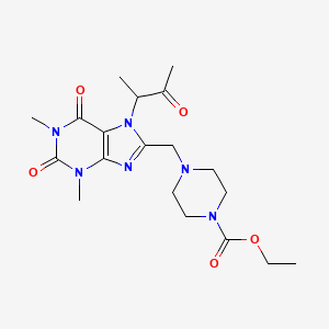 molecular formula C19H28N6O5 B3012859 Ethyl 4-[[1,3-dimethyl-2,6-dioxo-7-(3-oxobutan-2-yl)purin-8-yl]methyl]piperazine-1-carboxylate CAS No. 868146-99-0