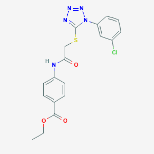 molecular formula C18H16ClN5O3S B301290 ETHYL 4-[(2-{[1-(3-CHLOROPHENYL)-1H-1,2,3,4-TETRAAZOL-5-YL]SULFANYL}ACETYL)AMINO]BENZOATE 