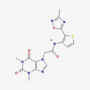 molecular formula C16H15N7O4S B3013142 2-(1,3-Dimethyl-2,6-dioxopurin-7-yl)-N-[2-(3-methyl-1,2,4-oxadiazol-5-yl)thiophen-3-yl]acetamide CAS No. 1797857-59-0