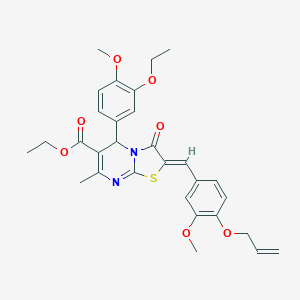 molecular formula C30H32N2O7S B301318 ETHYL (2Z)-5-(3-ETHOXY-4-METHOXYPHENYL)-2-{[3-METHOXY-4-(PROP-2-EN-1-YLOXY)PHENYL]METHYLIDENE}-7-METHYL-3-OXO-2H,3H,5H-[1,3]THIAZOLO[3,2-A]PYRIMIDINE-6-CARBOXYLATE 