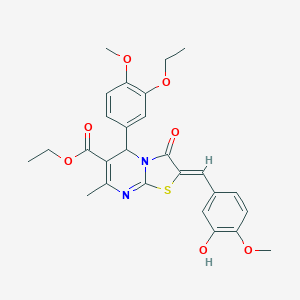 molecular formula C27H28N2O7S B301326 ETHYL (2Z)-5-(3-ETHOXY-4-METHOXYPHENYL)-2-[(3-HYDROXY-4-METHOXYPHENYL)METHYLIDENE]-7-METHYL-3-OXO-2H,3H,5H-[1,3]THIAZOLO[3,2-A]PYRIMIDINE-6-CARBOXYLATE 
