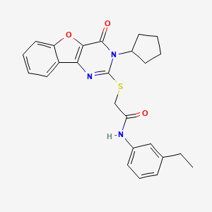 molecular formula C25H25N3O3S B3013261 2-((3-cyclopentyl-4-oxo-3,4-dihydrobenzofuro[3,2-d]pyrimidin-2-yl)thio)-N-(3-ethylphenyl)acetamide CAS No. 899742-57-5