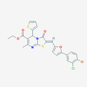 molecular formula C25H18BrClN2O4S2 B301335 ethyl 2-{[5-(4-bromo-3-chlorophenyl)-2-furyl]methylene}-7-methyl-3-oxo-5-(2-thienyl)-2,3-dihydro-5H-[1,3]thiazolo[3,2-a]pyrimidine-6-carboxylate 