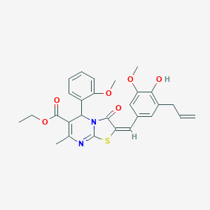 molecular formula C28H28N2O6S B301340 ETHYL (2E)-2-{[4-HYDROXY-3-METHOXY-5-(PROP-2-EN-1-YL)PHENYL]METHYLIDENE}-5-(2-METHOXYPHENYL)-7-METHYL-3-OXO-2H,3H,5H-[1,3]THIAZOLO[3,2-A]PYRIMIDINE-6-CARBOXYLATE 