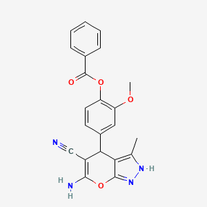 molecular formula C22H18N4O4 B3013433 4-(6-Amino-5-cyano-3-methyl-1,4-dihydropyrano[2,3-c]pyrazol-4-yl)-2-methoxyphenyl benzoate CAS No. 378202-94-9