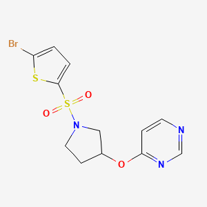 molecular formula C12H12BrN3O3S2 B3013442 4-((1-((5-Bromothiophen-2-yl)sulfonyl)pyrrolidin-3-yl)oxy)pyrimidine CAS No. 2034247-16-8