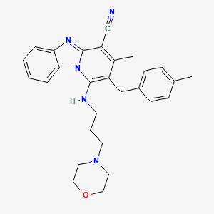 molecular formula C28H31N5O B3013495 11-methyl-12-[(4-methylphenyl)methyl]-13-{[3-(morpholin-4-yl)propyl]amino}-1,8-diazatricyclo[7.4.0.0^{2,7}]trideca-2(7),3,5,8,10,12-hexaene-10-carbonitrile CAS No. 861639-59-0