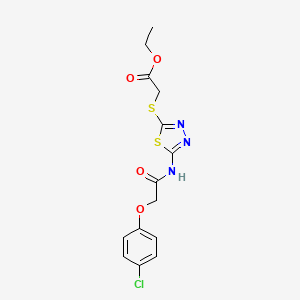molecular formula C14H14ClN3O4S2 B3013497 Ethyl 2-((5-(2-(4-chlorophenoxy)acetamido)-1,3,4-thiadiazol-2-yl)thio)acetate CAS No. 392317-77-0