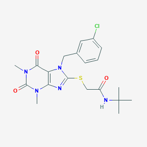 molecular formula C20H24ClN5O3S B301350 N-TERT-BUTYL-2-({7-[(3-CHLOROPHENYL)METHYL]-1,3-DIMETHYL-2,6-DIOXO-2,3,6,7-TETRAHYDRO-1H-PURIN-8-YL}SULFANYL)ACETAMIDE 