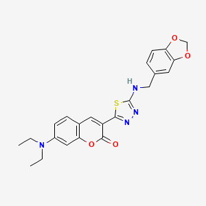 molecular formula C23H22N4O4S B3013512 3-(5-((benzo[d][1,3]dioxol-5-ylmethyl)amino)-1,3,4-thiadiazol-2-yl)-7-(diethylamino)-2H-chromen-2-one CAS No. 850781-75-8