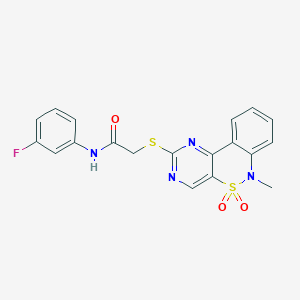 molecular formula C19H15FN4O3S2 B3013608 N-(3-fluorophenyl)-2-((6-methyl-5,5-dioxido-6H-benzo[c]pyrimido[4,5-e][1,2]thiazin-2-yl)thio)acetamide CAS No. 895102-28-0