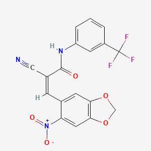 molecular formula C18H10F3N3O5 B3013691 (Z)-2-Cyano-3-(6-nitro-1,3-benzodioxol-5-yl)-N-[3-(trifluoromethyl)phenyl]prop-2-enamide CAS No. 902633-79-8