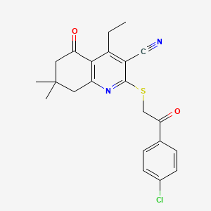 molecular formula C22H21ClN2O2S B3013838 2-[2-(4-Chlorophenyl)-2-oxoethyl]sulfanyl-4-ethyl-7,7-dimethyl-5-oxo-6,8-dihydroquinoline-3-carbonitrile CAS No. 671200-42-3