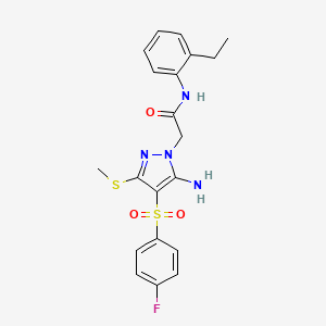 molecular formula C20H21FN4O3S2 B3013883 2-(5-amino-4-((4-fluorophenyl)sulfonyl)-3-(methylthio)-1H-pyrazol-1-yl)-N-(2-ethylphenyl)acetamide CAS No. 1019098-47-5