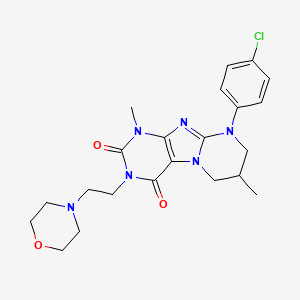 molecular formula C22H27ClN6O3 B3013915 9-(4-chlorophenyl)-1,7-dimethyl-3-(2-morpholin-4-ylethyl)-6,7,8,9-tetrahydropyrimido[2,1-f]purine-2,4(1H,3H)-dione CAS No. 923400-08-2