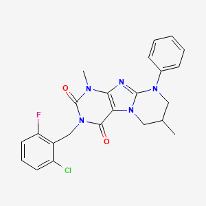 molecular formula C23H21ClFN5O2 B3013984 3-[(2-chloro-6-fluorophenyl)methyl]-1,7-dimethyl-9-phenyl-7,8-dihydro-6H-purino[7,8-a]pyrimidine-2,4-dione CAS No. 844664-04-6