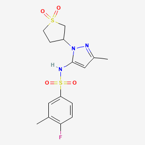 molecular formula C15H18FN3O4S2 B3014060 N-(1-(1,1-dioxidotetrahydrothiophen-3-yl)-3-methyl-1H-pyrazol-5-yl)-4-fluoro-3-methylbenzenesulfonamide CAS No. 1171495-45-6