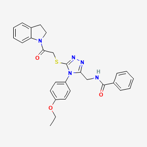 molecular formula C28H27N5O3S B3014077 N-((4-(4-ethoxyphenyl)-5-((2-(indolin-1-yl)-2-oxoethyl)thio)-4H-1,2,4-triazol-3-yl)methyl)benzamide CAS No. 394242-38-7
