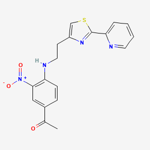 molecular formula C18H16N4O3S B3014148 1-[3-Nitro-4-({2-[2-(2-pyridinyl)-1,3-thiazol-4-yl]ethyl}amino)phenyl]-1-ethanone CAS No. 861211-08-7