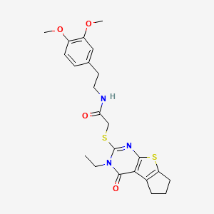 molecular formula C23H27N3O4S2 B3014647 N-(3,4-dimethoxyphenethyl)-2-((3-ethyl-4-oxo-4,5,6,7-tetrahydro-3H-cyclopenta[4,5]thieno[2,3-d]pyrimidin-2-yl)thio)acetamide CAS No. 496028-10-5