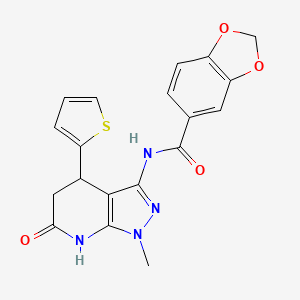 molecular formula C19H16N4O4S B3014686 N-(1-methyl-6-oxo-4-(thiophen-2-yl)-4,5,6,7-tetrahydro-1H-pyrazolo[3,4-b]pyridin-3-yl)benzo[d][1,3]dioxole-5-carboxamide CAS No. 1203170-06-2