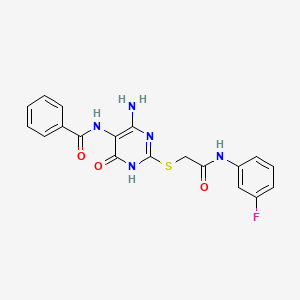 molecular formula C19H16FN5O3S B3014894 N-(4-amino-2-((2-((3-fluorophenyl)amino)-2-oxoethyl)thio)-6-oxo-1,6-dihydropyrimidin-5-yl)benzamide CAS No. 888431-31-0