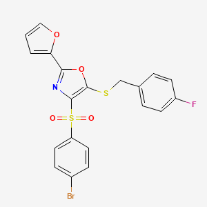 molecular formula C20H13BrFNO4S2 B3014942 4-((4-溴苯基)磺酰基)-5-((4-氟苄基)硫代)-2-(呋喃-2-基)恶唑 CAS No. 686738-34-1