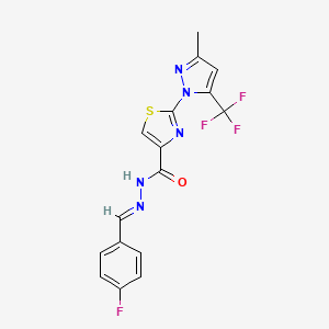 molecular formula C16H11F4N5OS B3015147 N'-[(E)-(4-fluorophenyl)methylidene]-2-[3-methyl-5-(trifluoromethyl)-1H-pyrazol-1-yl]-1,3-thiazole-4-carbohydrazide CAS No. 956266-40-3