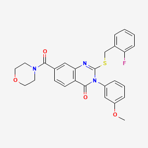 molecular formula C27H24FN3O4S B3015487 2-((2-fluorobenzyl)thio)-3-(3-methoxyphenyl)-7-(morpholine-4-carbonyl)quinazolin-4(3H)-one CAS No. 1115526-00-5