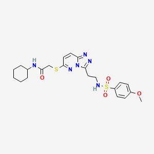 molecular formula C22H28N6O4S2 B3015552 N-CYCLOHEXYL-2-({3-[2-(4-METHOXYBENZENESULFONAMIDO)ETHYL]-[1,2,4]TRIAZOLO[4,3-B]PYRIDAZIN-6-YL}SULFANYL)ACETAMIDE CAS No. 873001-96-8