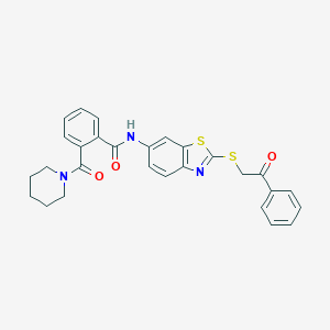 molecular formula C28H25N3O3S2 B301563 N-{2-[(2-oxo-2-phenylethyl)sulfanyl]-1,3-benzothiazol-6-yl}-2-(1-piperidinylcarbonyl)benzamide 