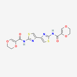 molecular formula C16H14N4O6S2 B3015701 N-{4-[2-(5,6-dihydro-1,4-dioxine-2-amido)-1,3-thiazol-4-yl]-1,3-thiazol-2-yl}-5,6-dihydro-1,4-dioxine-2-carboxamide CAS No. 864938-65-8
