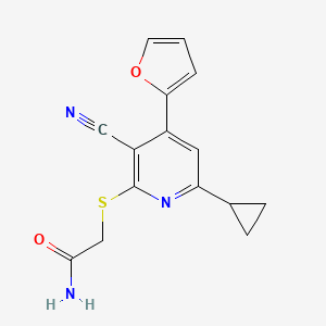 molecular formula C15H13N3O2S B3015821 2-((3-Cyano-6-cyclopropyl-4-(furan-2-yl)pyridin-2-yl)thio)acetamide CAS No. 361174-63-2