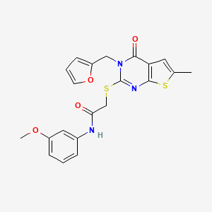 molecular formula C21H19N3O4S2 B3015958 2-[3-(furan-2-ylmethyl)-6-methyl-4-oxothieno[2,3-d]pyrimidin-2-yl]sulfanyl-N-(3-methoxyphenyl)acetamide CAS No. 878682-75-8