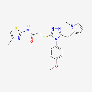 molecular formula C21H22N6O2S2 B3015959 2-((4-(4-methoxyphenyl)-5-((1-methyl-1H-pyrrol-2-yl)methyl)-4H-1,2,4-triazol-3-yl)thio)-N-(4-methylthiazol-2-yl)acetamide CAS No. 847393-46-8