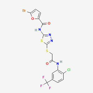 molecular formula C16H9BrClF3N4O3S2 B3015961 5-bromo-N-(5-((2-((2-chloro-5-(trifluoromethyl)phenyl)amino)-2-oxoethyl)thio)-1,3,4-thiadiazol-2-yl)furan-2-carboxamide CAS No. 393572-08-2