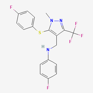 molecular formula C18H14F5N3S B3015965 4-fluoro-N-({5-[(4-fluorophenyl)sulfanyl]-1-methyl-3-(trifluoromethyl)-1H-pyrazol-4-yl}methyl)aniline CAS No. 400082-04-4