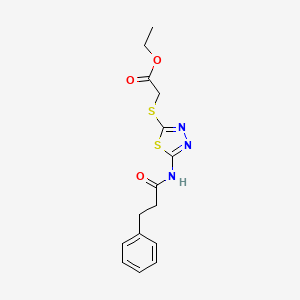 molecular formula C15H17N3O3S2 B3015983 Ethyl 2-((5-(3-phenylpropanamido)-1,3,4-thiadiazol-2-yl)thio)acetate CAS No. 476465-14-2